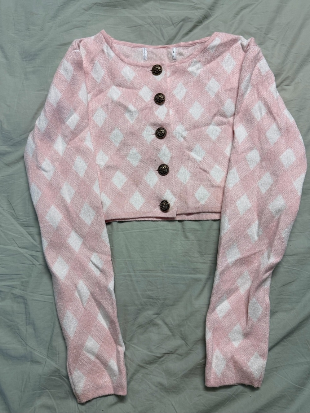 Pink Diamond-Pattern Cropped Sweater Tube Top & Cardigan